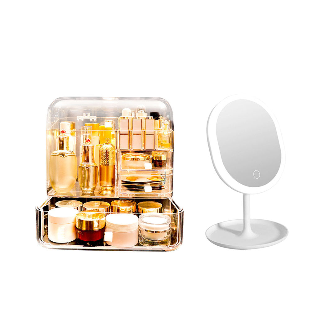 SOGA Transparent Cosmetic Storage Skincare Holder and 20cm White Rechargeable LED Light Makeup Tabletop Mirror Set