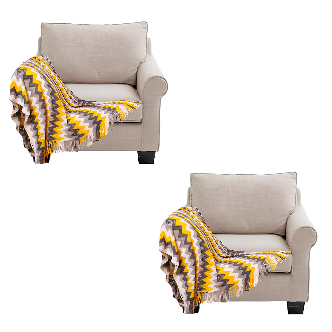 SOGA 2X 170cm Yellow Zigzag Striped Throw Blanket Acrylic Wave Knitted Fringed Woven Cover Couch Bed Sofa Home Decor