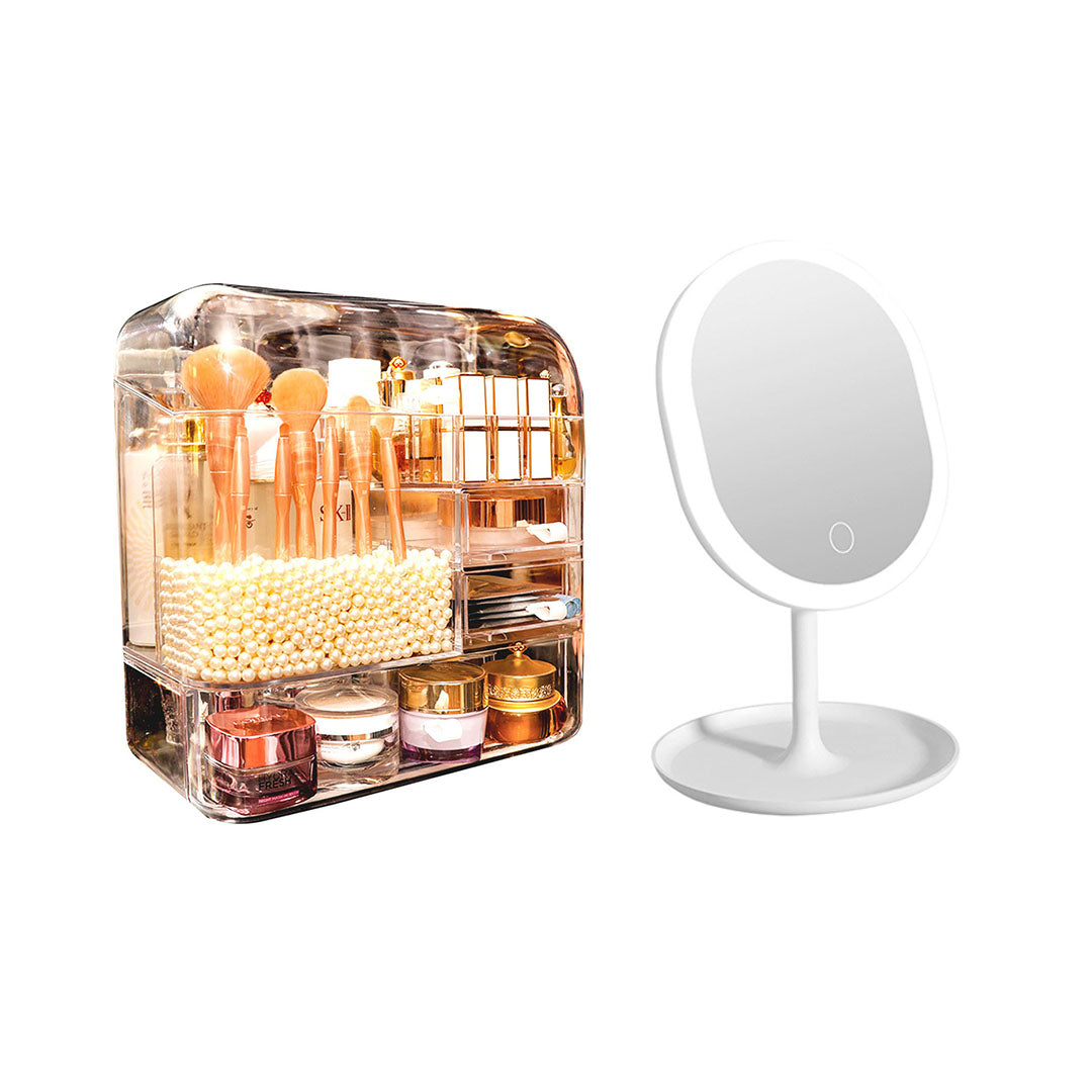 SOGA Transparent Cosmetic Storage with Pearls Skincare Holder and 20cm White Rechargeable LED Light Makeup Tabletop Mirror Set