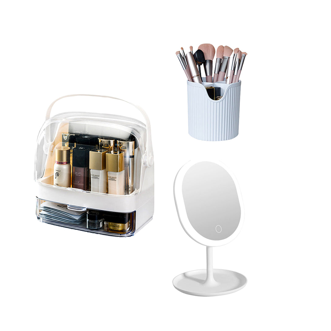 SOGA 2 Tier White Countertop Cosmetic Makeup Brush Lipstick Holder Organiser and 20cm Rechargeable LED Light Tabletop Mirror Set