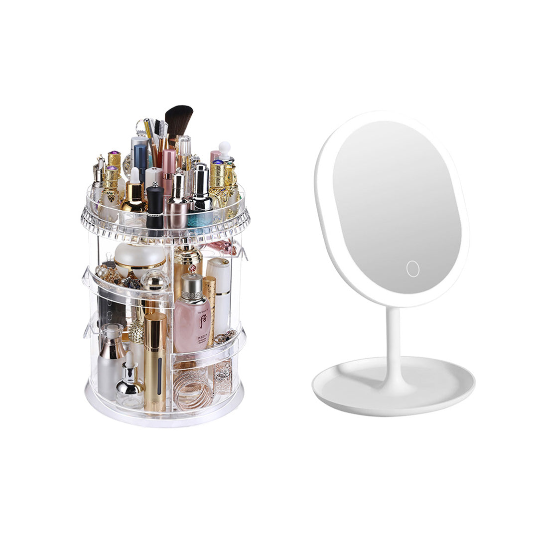 SOGA 360 Degree Rotating Makeup Organiser Cosmetics Holder with 20cm White Rechargeable LED Light  Tabletop Vanity Mirror Set