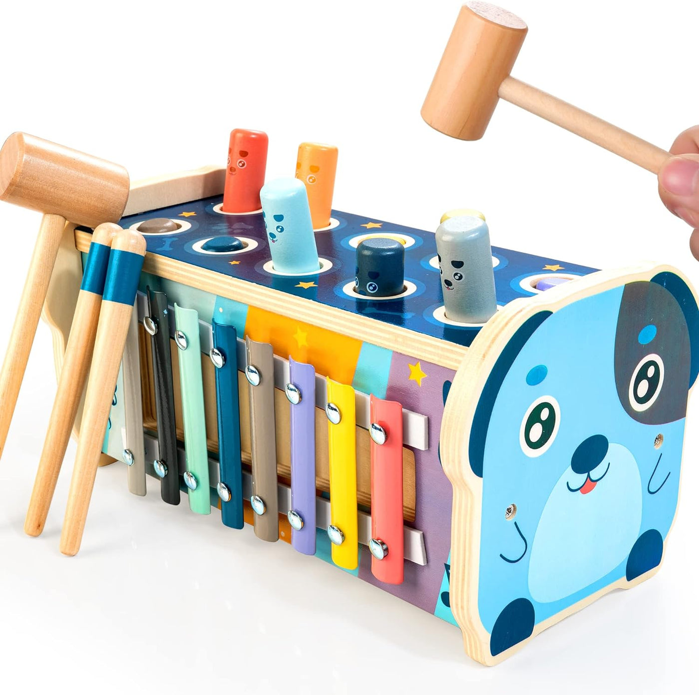 Wooden Hammering Pounding Toy, Educational Pegs Pound Maze Puzzle Number Sorter Musical Toy with Xylophone, Hammers, Mallets, Gift for 1-4 Year Old Boys and Girls