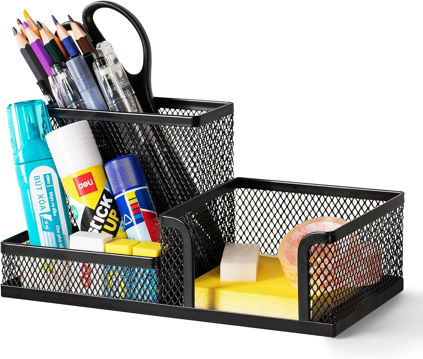 Mesh Desk Organizer Office Supplies Caddy with Pencil Holder and Storage Baskets for Desktop Accessories, 3 Compartments, Black