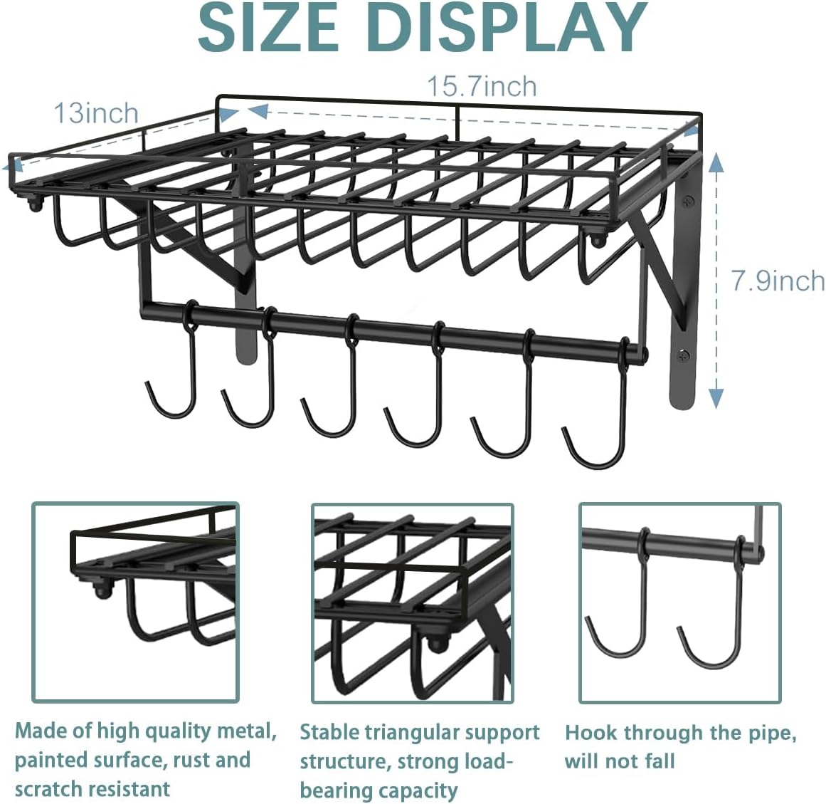 2 Packs Pot Racks Wall Mounted, Hanging Pot Holders for Kitchen Storage, Rustproof Pot Lid Rack Organizer Ideal for Pans Set, Utensils, Cookware, Household