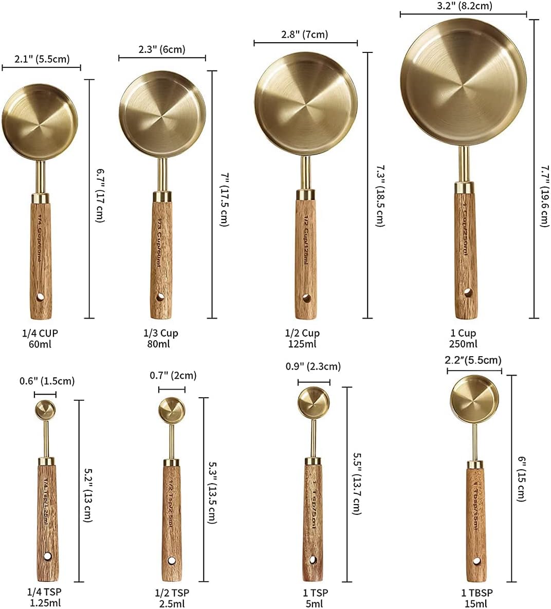 8Pcs Measure Cup and Spoon Set - Measurement Kitchen Accessories, Gold Measuring Cup Spoon Set with Wooden Handle for Home Kitchen