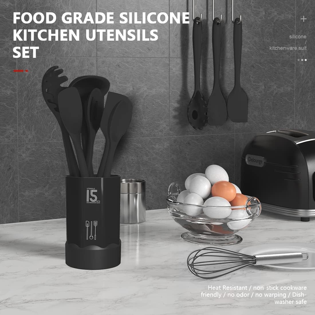 Dishwasher Safe Silicone Cooking Utensils Set - 446°F Heat Resistant Basic Silicone Kitchen Utensils,Turner Tongs, Spatula, Spoon, Brush, Whisk, Gadgets Tools for Nonstick Cookware