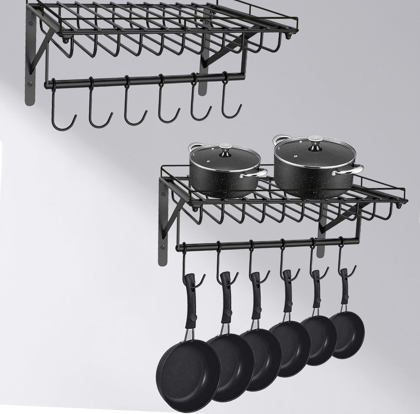 2 Packs Pot Racks Wall Mounted, Hanging Pot Holders for Kitchen Storage, Rustproof Pot Lid Rack Organizer Ideal for Pans Set, Utensils, Cookware, Household