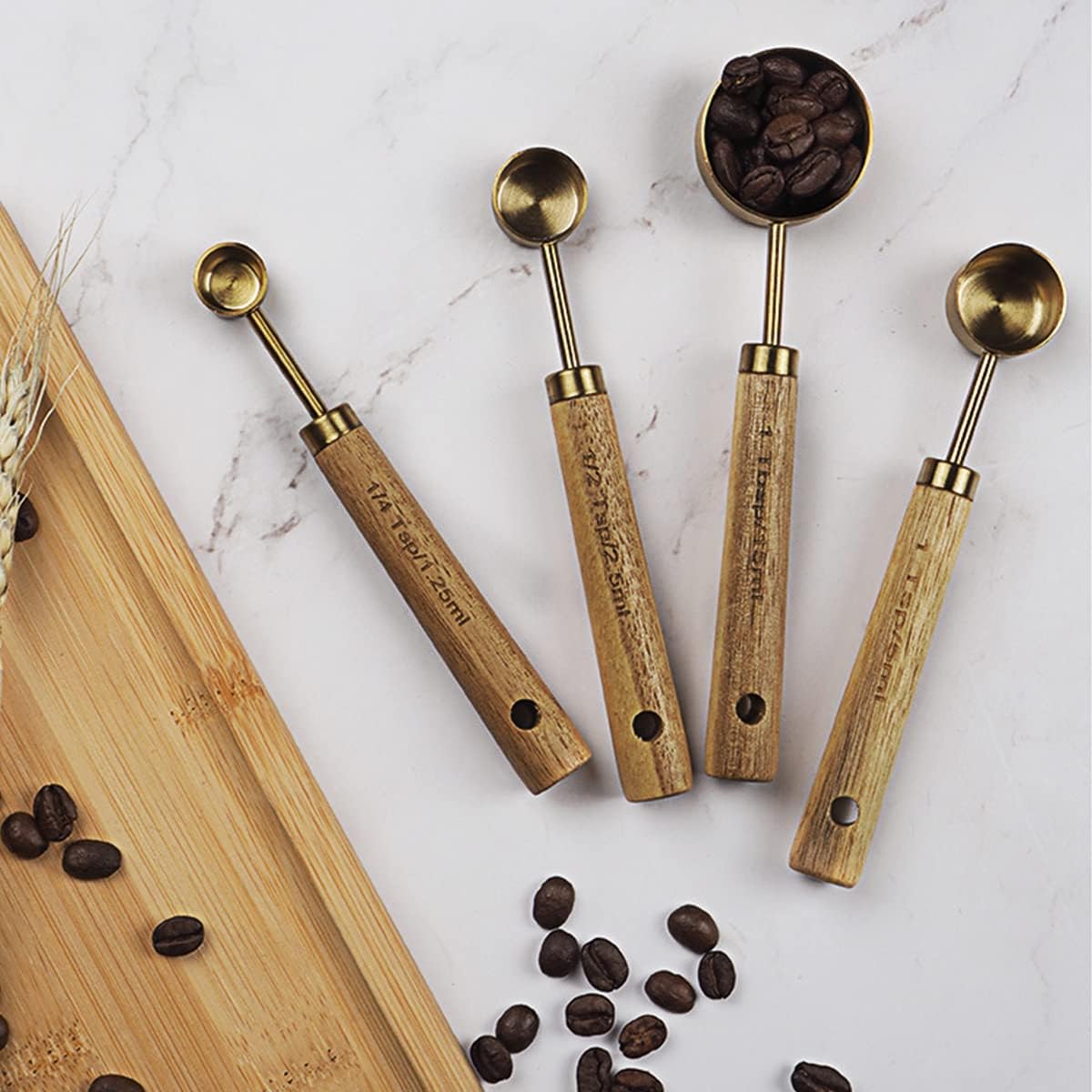 8Pcs Measure Cup and Spoon Set - Measurement Kitchen Accessories, Gold Measuring Cup Spoon Set with Wooden Handle for Home Kitchen