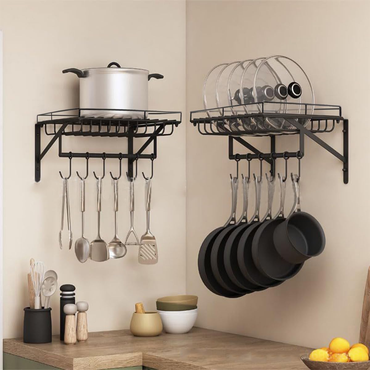 2 Packs Pot Racks Wall Mounted, Hanging Pot Holders for Kitchen Storage, Rustproof Pot Lid Rack Organizer Ideal for Pans Set, Utensils, Cookware, Household