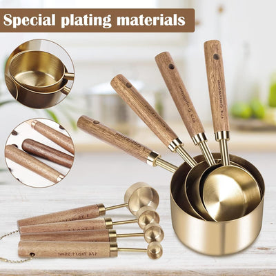 8Pcs Measure Cup and Spoon Set - Measurement Kitchen Accessories, Gold Measuring Cup Spoon Set with Wooden Handle for Home Kitchen