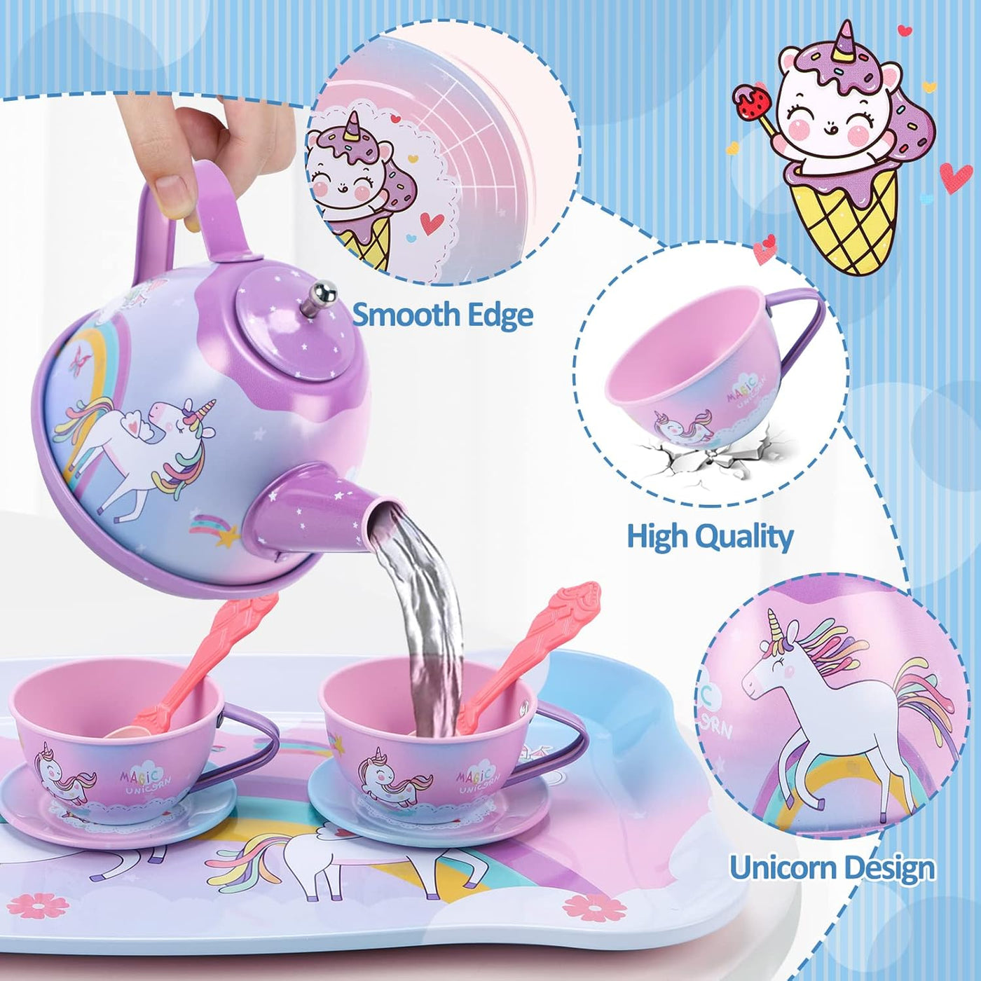 Unicorn Toys for Girls,48 PCS Kids Tea Set for Kids,Pretend Toy W/ Play Desserts,Tin Teapot,Educational Play Food Princess Toy Gift,Toddler Toys for 6 7 Year Old Girls Boys