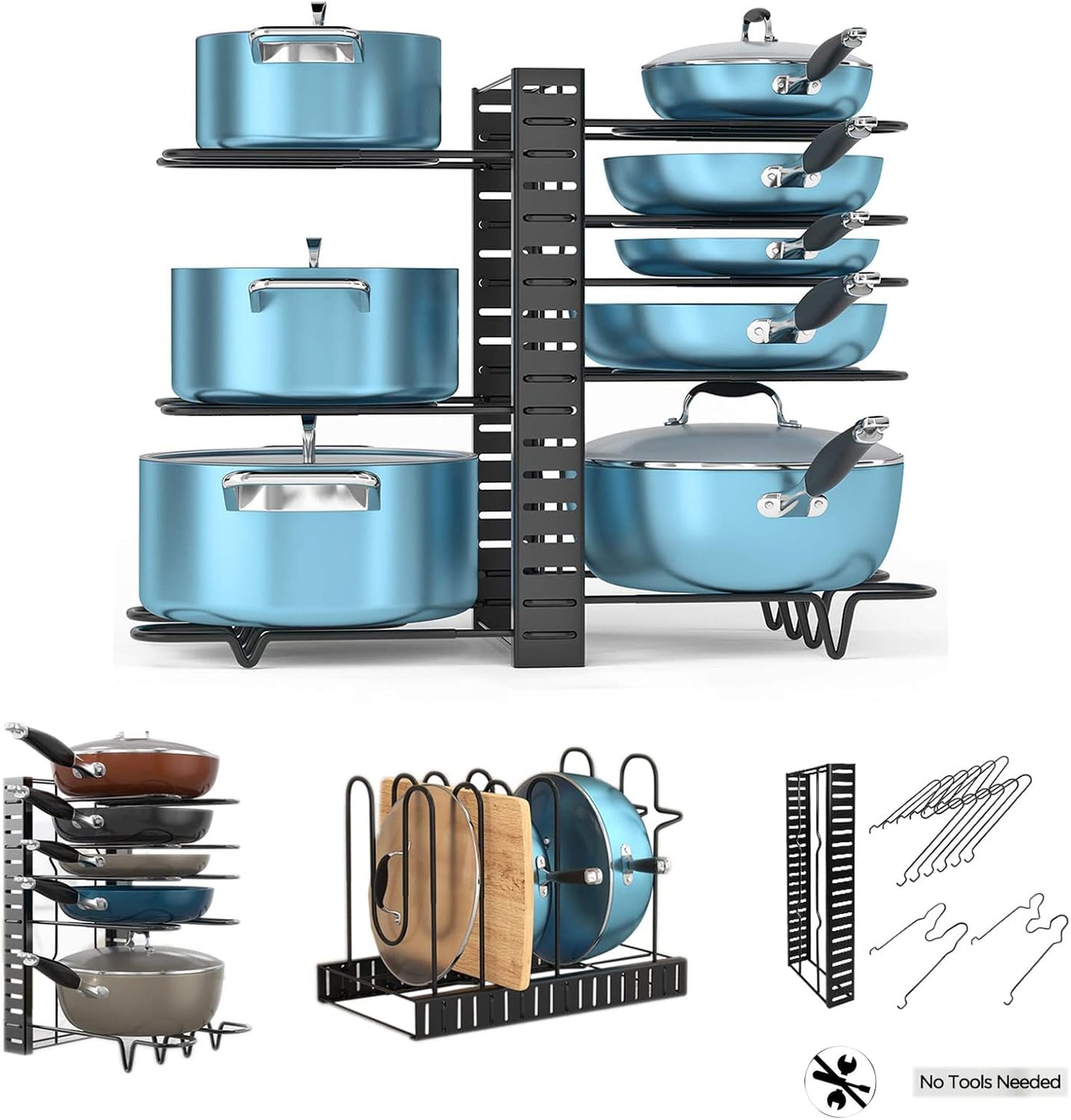 Koreal Pots And Pans Organiser, 8 Tier Pots And Pans Organizer Under Cabinet, Adjustable Pan Organiser Rack Lid Organiser With 3 Diy Methods, Kitchen Cabinet Organizer For Pots, Pans, Lids, Black