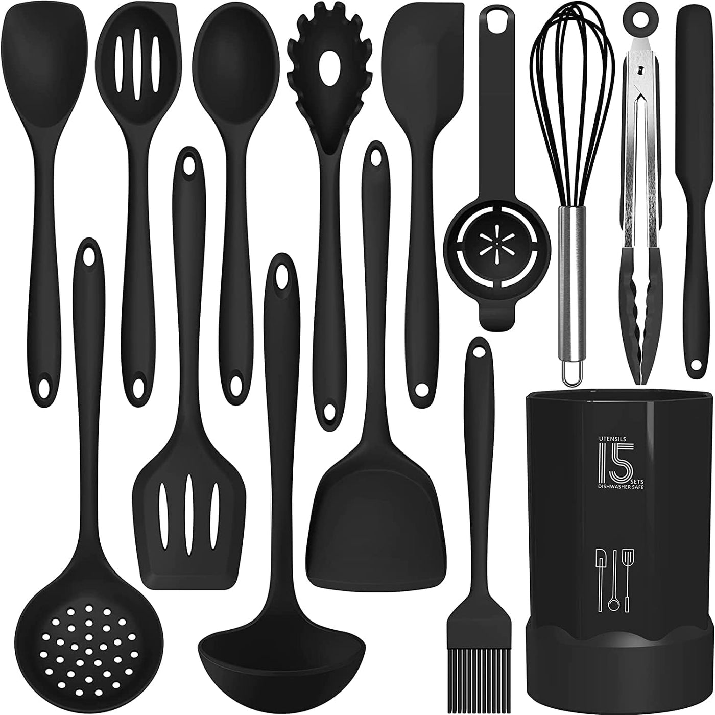 Dishwasher Safe Silicone Cooking Utensils Set - 446°F Heat Resistant Basic Silicone Kitchen Utensils,Turner Tongs, Spatula, Spoon, Brush, Whisk, Gadgets Tools for Nonstick Cookware