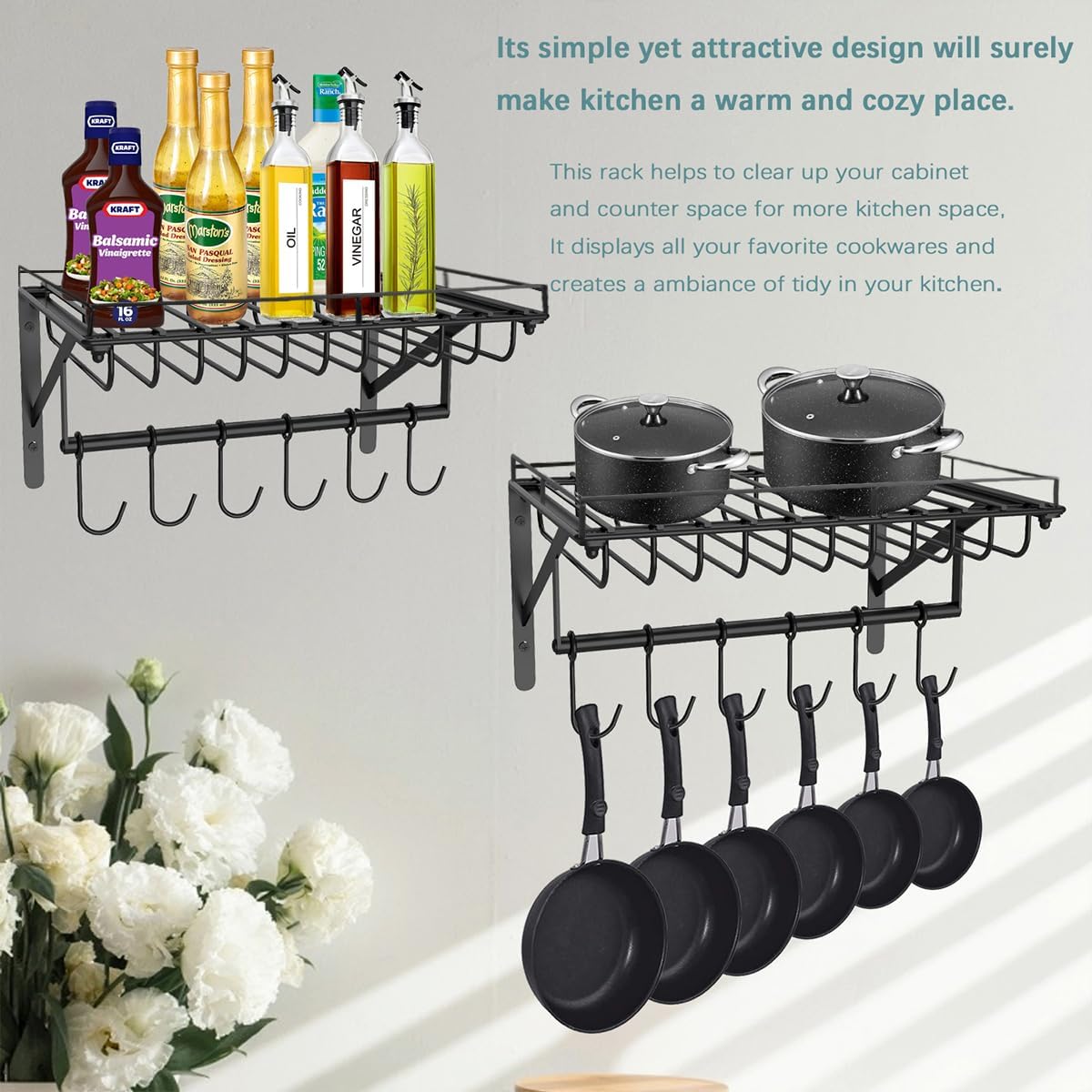 2 Packs Pot Racks Wall Mounted, Hanging Pot Holders for Kitchen Storage, Rustproof Pot Lid Rack Organizer Ideal for Pans Set, Utensils, Cookware, Household