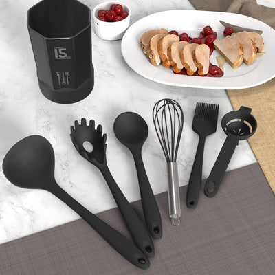 Dishwasher Safe Silicone Cooking Utensils Set - 446°F Heat Resistant Basic Silicone Kitchen Utensils,Turner Tongs, Spatula, Spoon, Brush, Whisk, Gadgets Tools for Nonstick Cookware