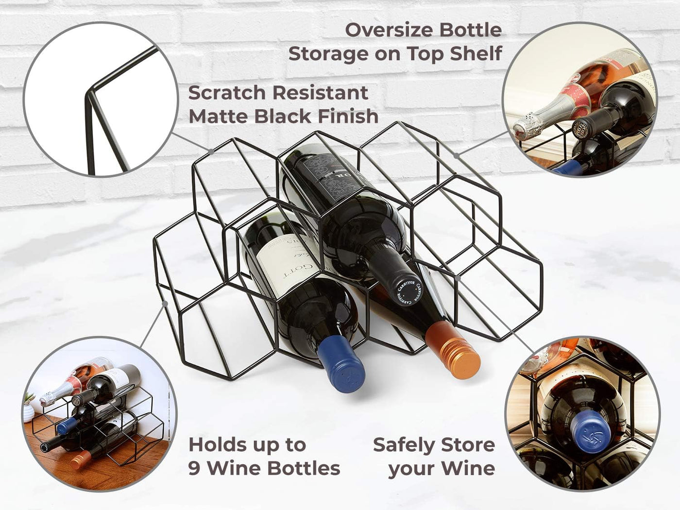 9 Bottle Wine Holder for Wine Storage - No Assembly Required - Modern Black Metal Wine Rack - Wine Racks Countertop - Small Wine Rack - Wine Bottle Storage - Tabletop Wine Rack