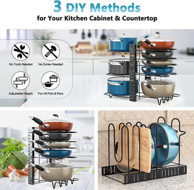 Koreal Pots And Pans Organiser, 8 Tier Pots And Pans Organizer Under Cabinet, Adjustable Pan Organiser Rack Lid Organiser With 3 Diy Methods, Kitchen Cabinet Organizer For Pots, Pans, Lids, Black