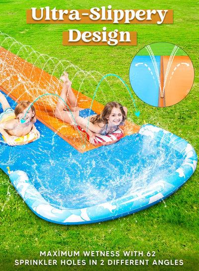 20ft x 62in Slip and Slide Water Slide with 2 Bodyboards, Summer Toy with Build in Sprinkler for Backyard and Outdoor Water Toys Play