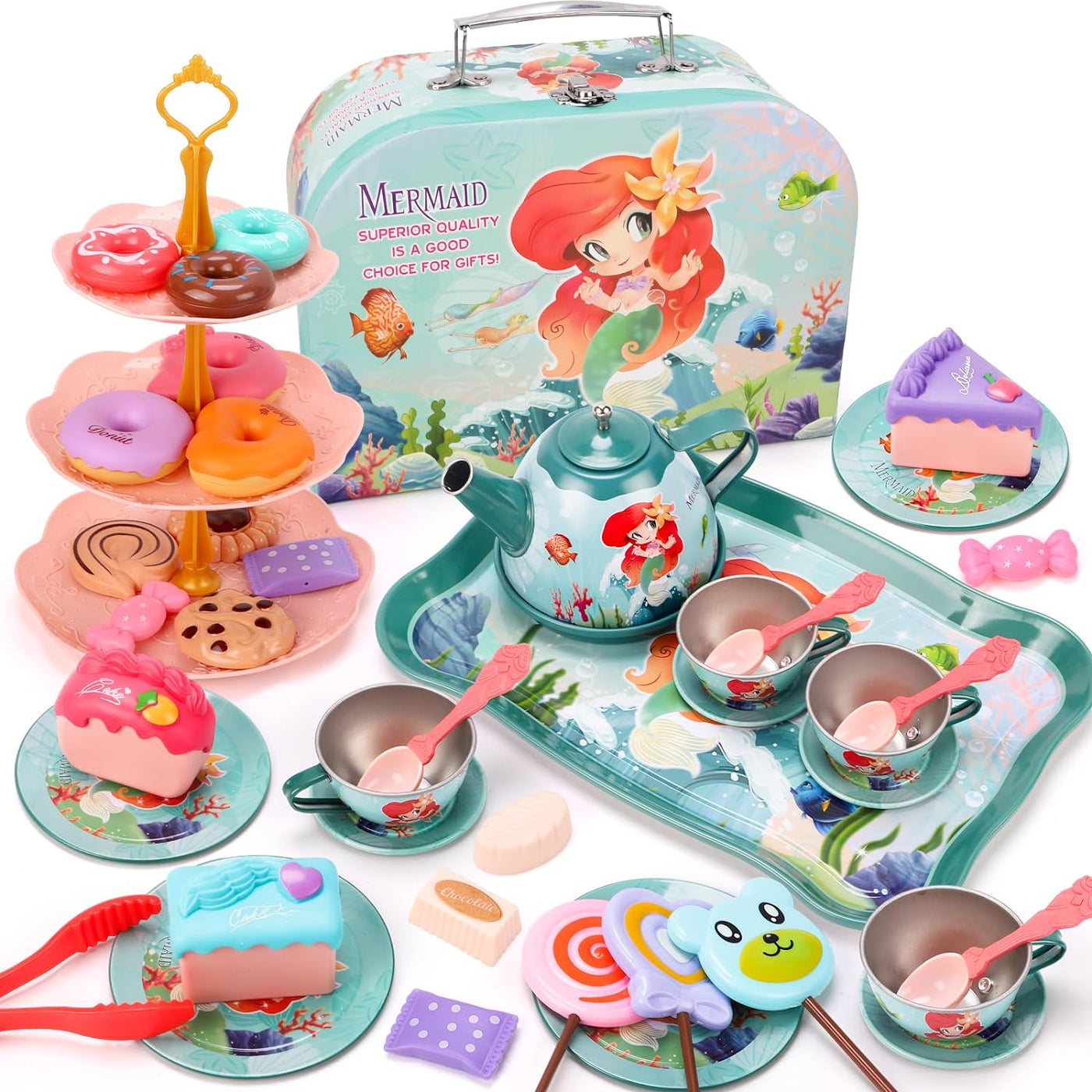 Unicorn Toys for Girls,48 PCS Kids Tea Set for Kids,Pretend Toy W/ Play Desserts,Tin Teapot,Educational Play Food Princess Toy Gift,Toddler Toys for 6 7 Year Old Girls Boys