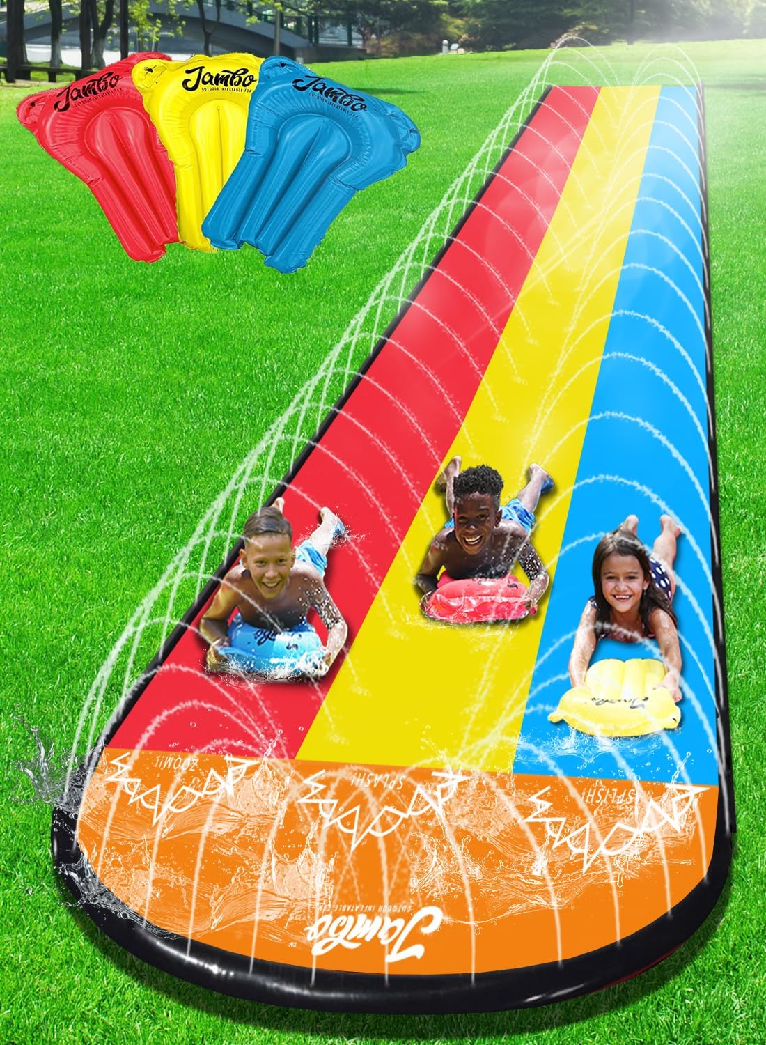 Triple Lane Slip, Splash and Slide (Updated 2020 Model) for Backyards| Water Slide Waterslide With 3 Boogie Boards | 16 Foot, 3 plasSliding Racing Lanes & Sprinklers | Durable Quality PVC Construction