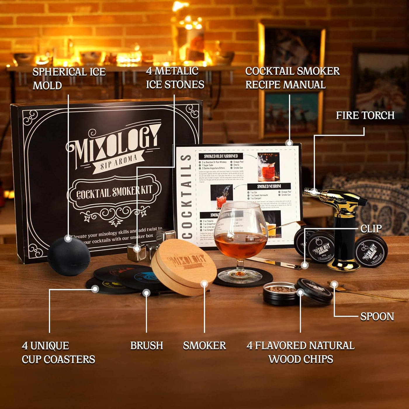 Cocktail Smoker Kit with Torch - 4 Flavor Wood Chips, Old Fashioned Cocktail Kit, Drink Smoker, Whiskey Smoker Kit - Birthday Bourbon Gifts for Men Husband Dad Friend (No Butane)