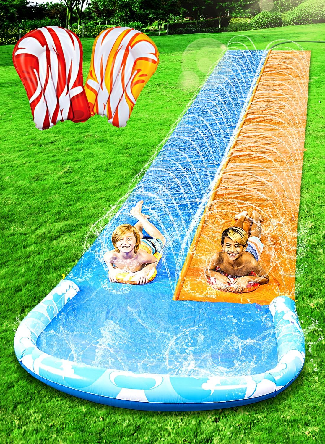 20ft x 62in Slip and Slide Water Slide with 2 Bodyboards, Summer Toy with Build in Sprinkler for Backyard and Outdoor Water Toys Play