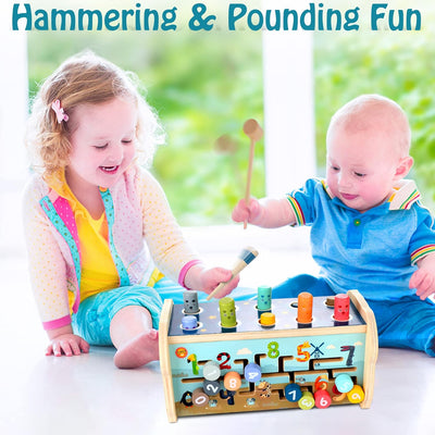 Wooden Hammering Pounding Toy, Educational Pegs Pound Maze Puzzle Number Sorter Musical Toy with Xylophone, Hammers, Mallets, Gift for 1-4 Year Old Boys and Girls