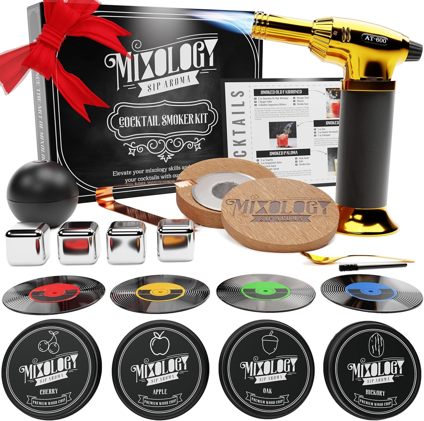 Cocktail Smoker Kit with Torch - 4 Flavor Wood Chips, Old Fashioned Cocktail Kit, Drink Smoker, Whiskey Smoker Kit - Birthday Bourbon Gifts for Men Husband Dad Friend (No Butane)