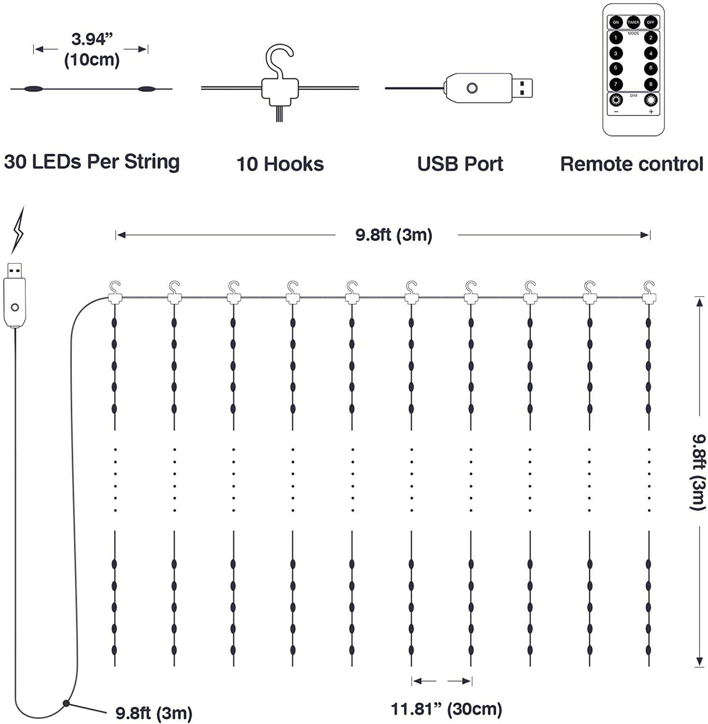 USB Powered 300 LED Curtain String Light with 8 Modes and Remote Control for Bedroom Party Wedding Decorations