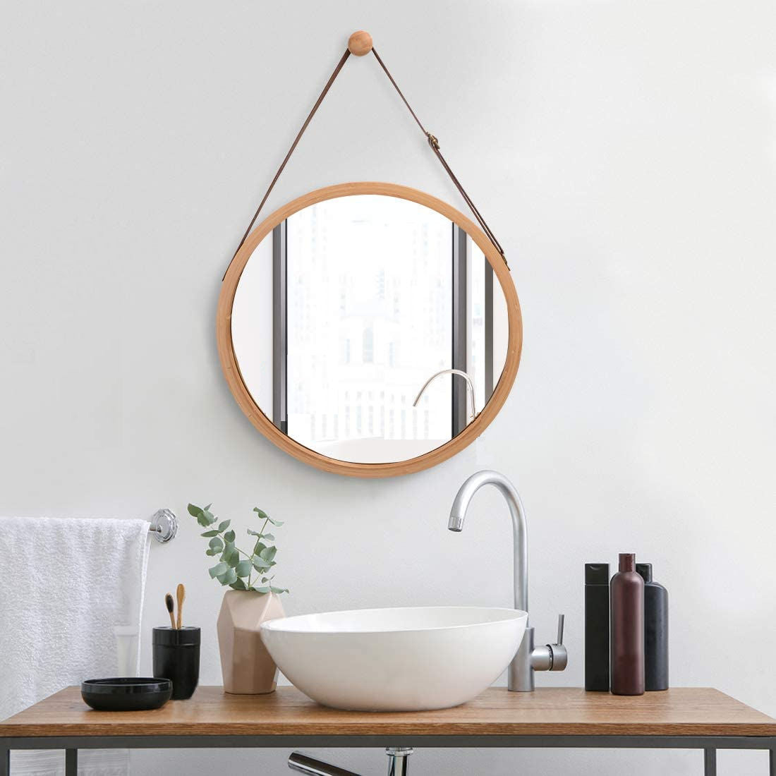 Hanging Round Wall Mirror 38 cm - Solid Bamboo Frame and Adjustable Leather Strap for Bathroom and Bedroom