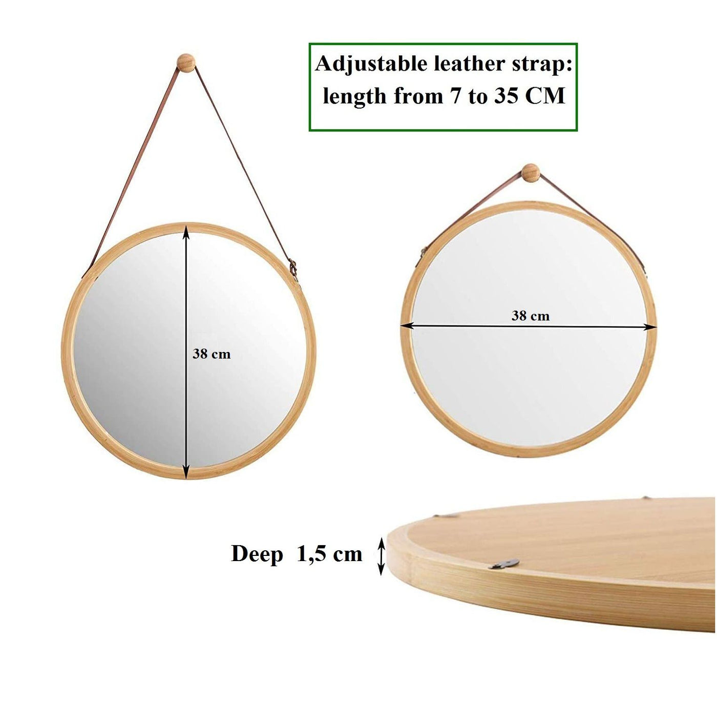 Hanging Round Wall Mirror 38 cm - Solid Bamboo Frame and Adjustable Leather Strap for Bathroom and Bedroom