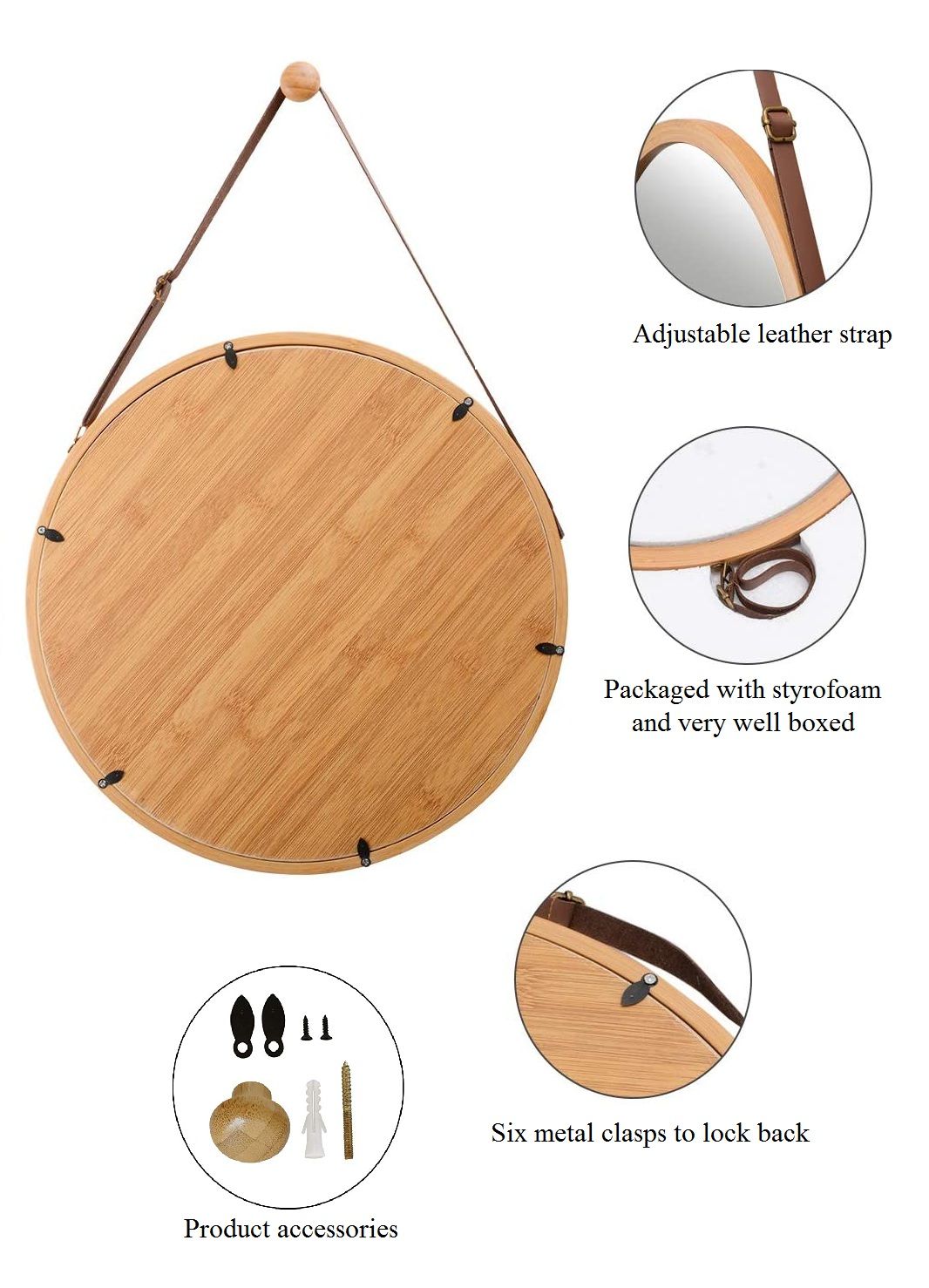 Hanging Round Wall Mirror 38 cm - Solid Bamboo Frame and Adjustable Leather Strap for Bathroom and Bedroom