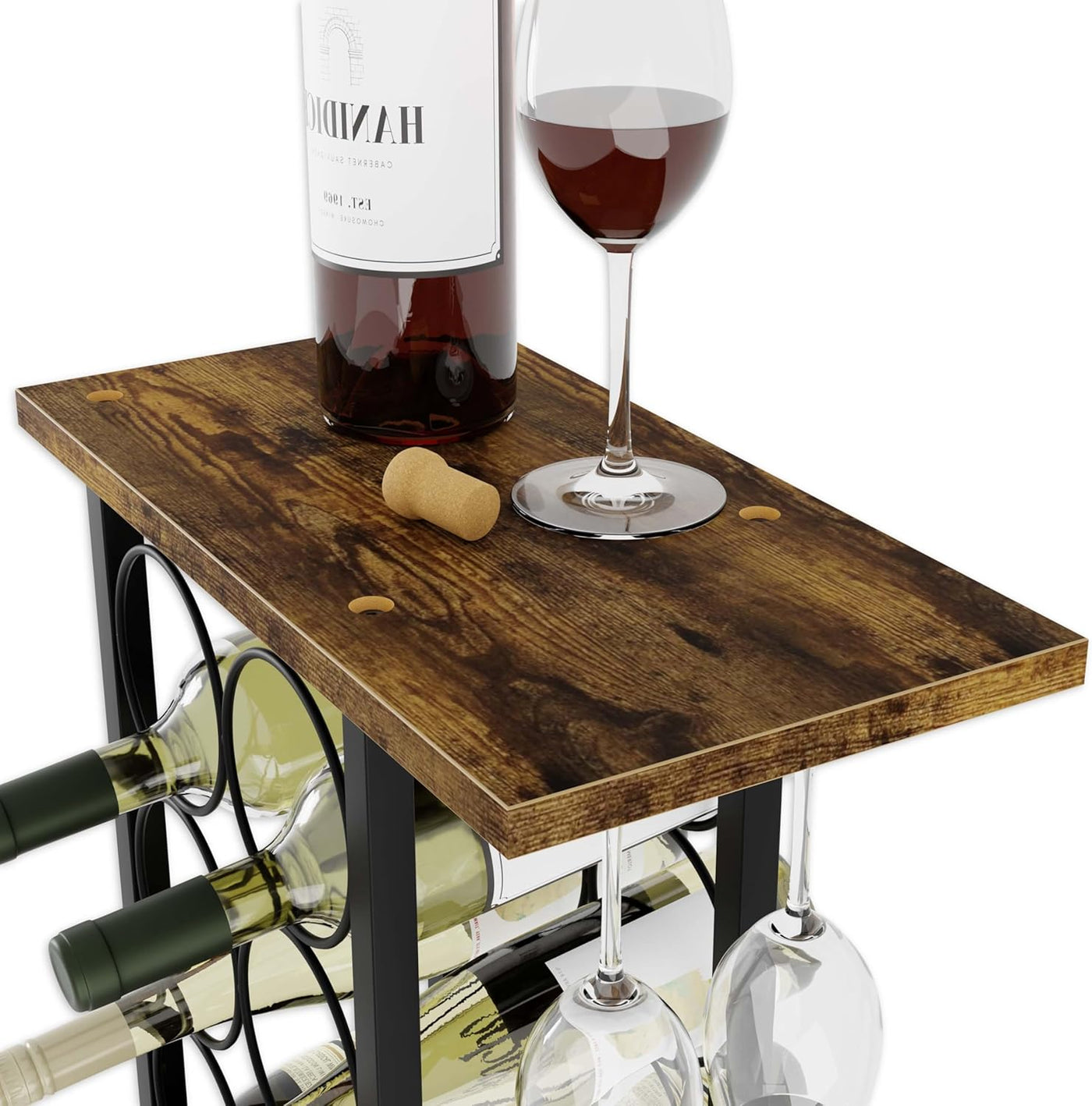 Wine Rack Countertop Wooden & Metal Holder for 6 Bottles & 2 Glasses