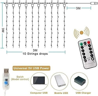 300 LEDs Window Curtain Fairy Lights 8 Modes and Remote Control for Bedroom (Cool White, 300 x 300cm)