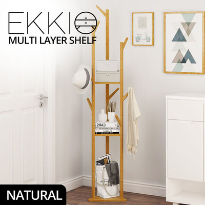 Ekkio Modern Style Sturdy Construction Bamboo Clothing Rack With 9 Hooks Multi Layer Shelf (Natural)