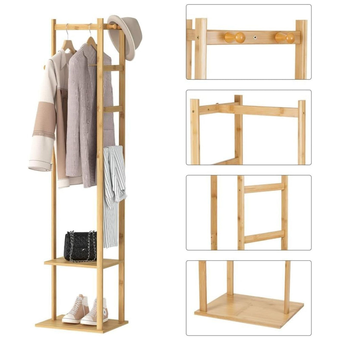 EKKIO Bamboo Clothing Rack with 3 Hanger Hooks (Natural Wood)