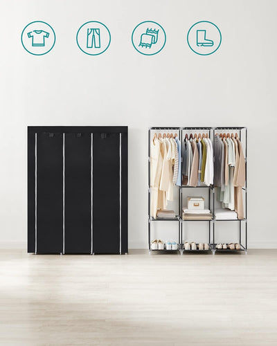 SONGMICS Clothes Wardrobe Portable Closet with Cover and 3 Hanging Rails Black