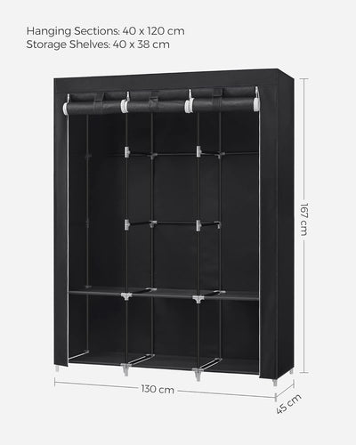 SONGMICS Clothes Wardrobe Portable Closet with Cover and 3 Hanging Rails Black