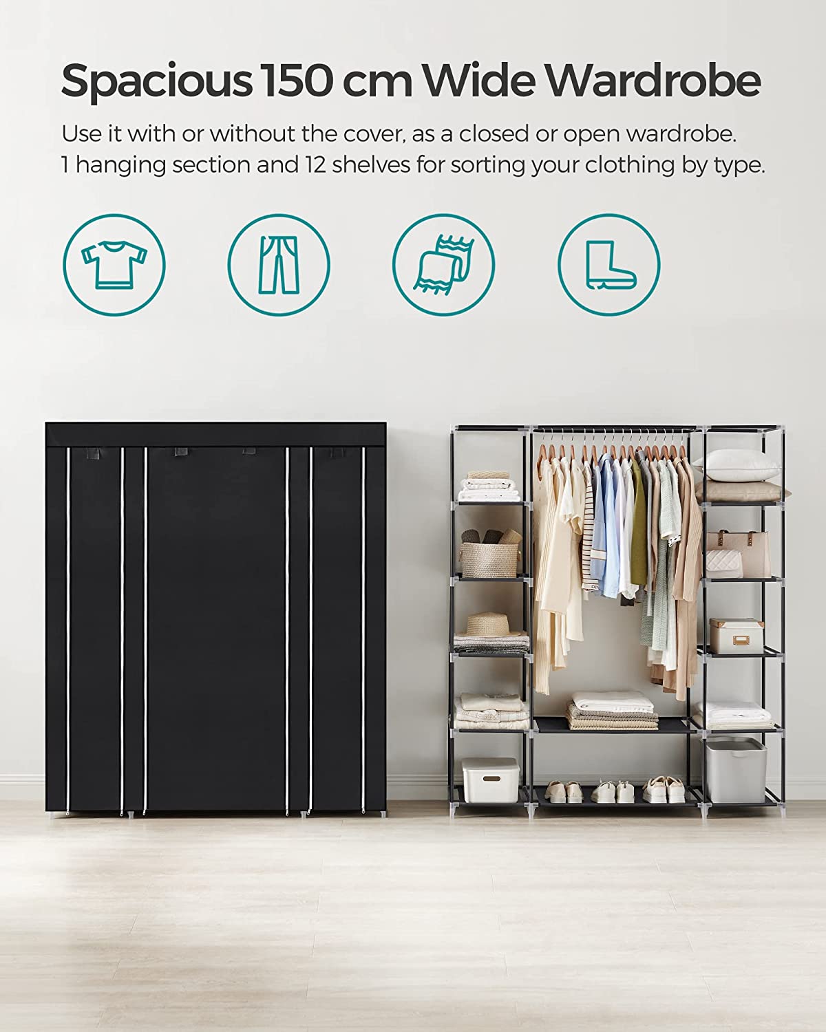 SONGMICS Non-Woven Fabric Wardrobe Bedroom Furniture Storage Black