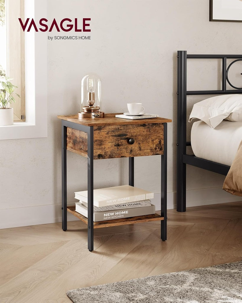 VASAGLE End Table with Drawer and Shelf Rustic Brown and Black