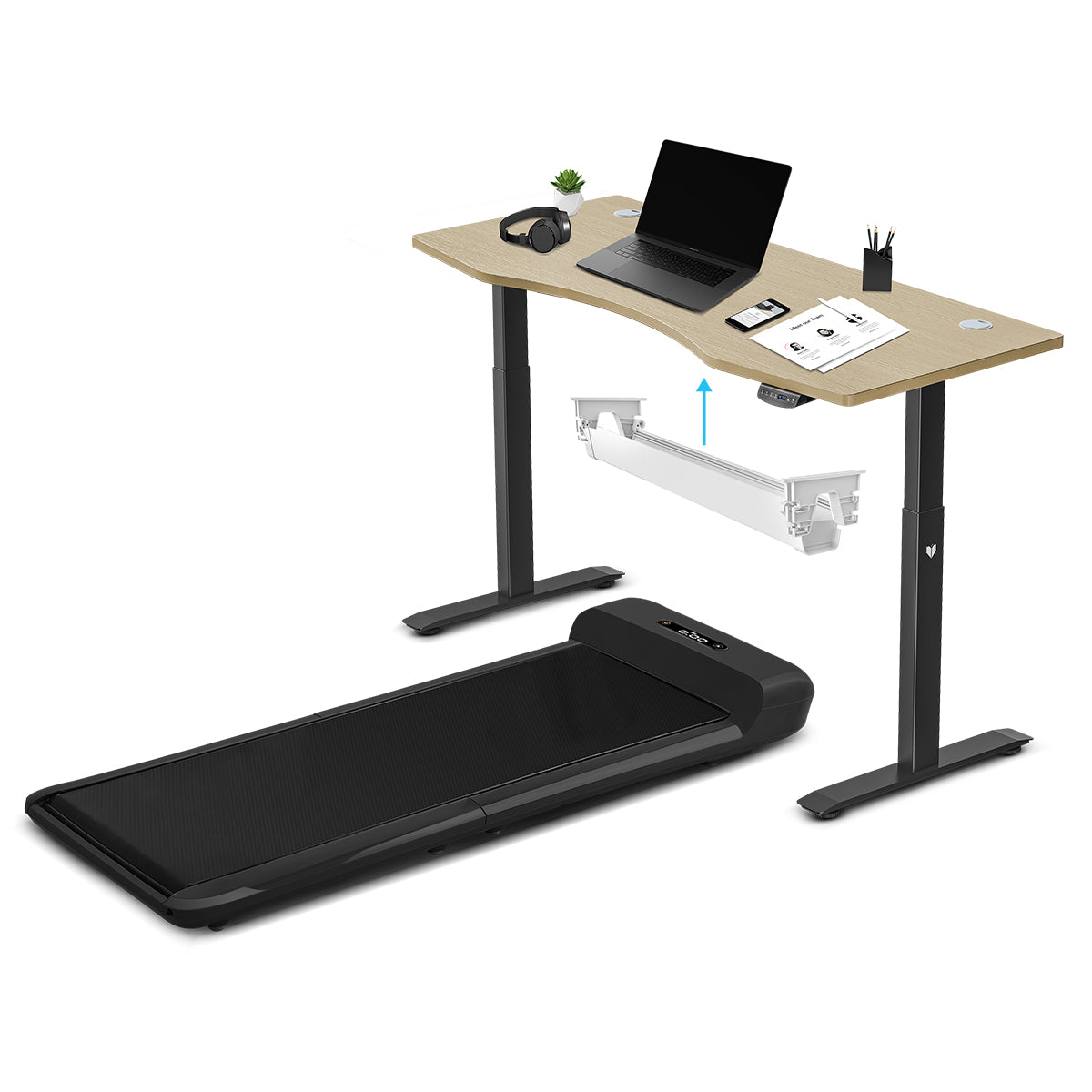 WalkingPad C2 Treadmill + ErgoDesk Automatic Standing Desk 1500mm in Oak/Black + Cable Management Tray