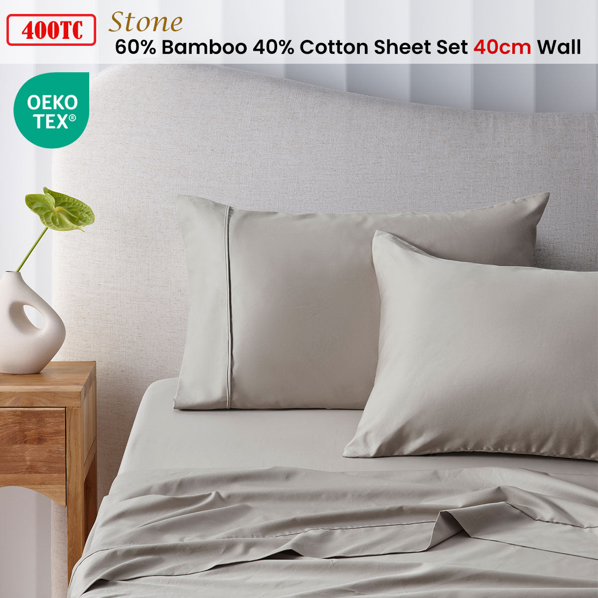 Accessorize 400TC Stone Bamboo Cotton Sheet Set 40cm Wall Double