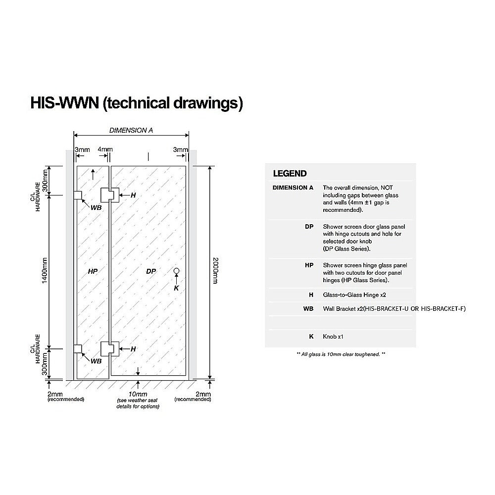 120x90cm Corner Frameless Shower Screen with Chrome Channel and SS Hinges, Round Handle