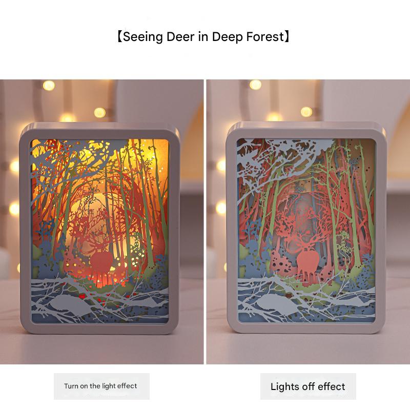 Deer in the Deep Forest 3D Paper Carving Night Light - USB Or Battery Powered Decorative Bedside Lamp | Atmosphere Lamp for Bedroom | Creative Starry Night and Little Prince Design Gift