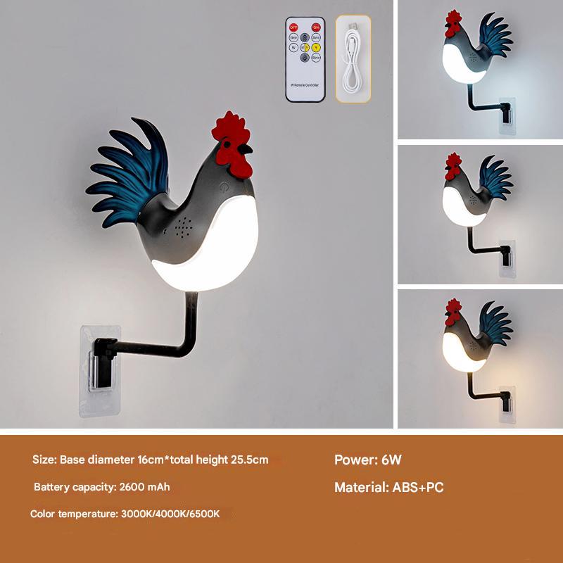 Grey USB Rechargeable Rooster Wall Lamp with Sound, Aromatherapy, and Decorative Design – Creative Nightlight for Bedroom and Corridor