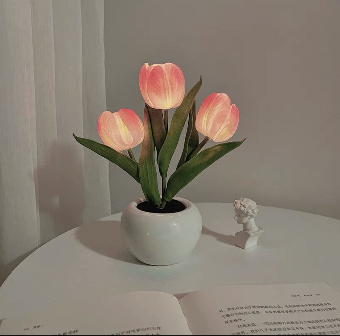 Pink Flowers USB Tulip Night Light - Bedroom Decor Table Lamp with PU Flowers & Ceramic Pot, Perfect Gift for Family & Friends