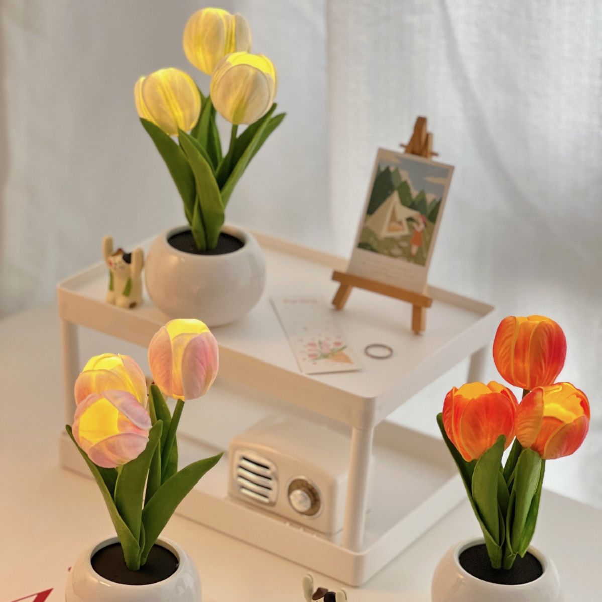 Pink Flowers USB Tulip Night Light - Bedroom Decor Table Lamp with PU Flowers & Ceramic Pot, Perfect Gift for Family & Friends