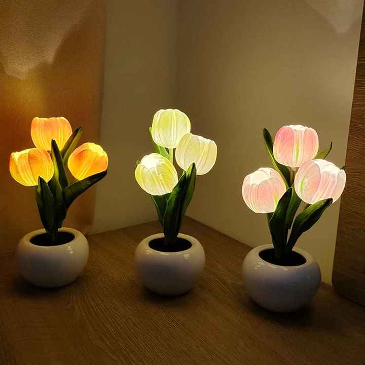 Pink Flowers USB Tulip Night Light - Bedroom Decor Table Lamp with PU Flowers & Ceramic Pot, Perfect Gift for Family & Friends