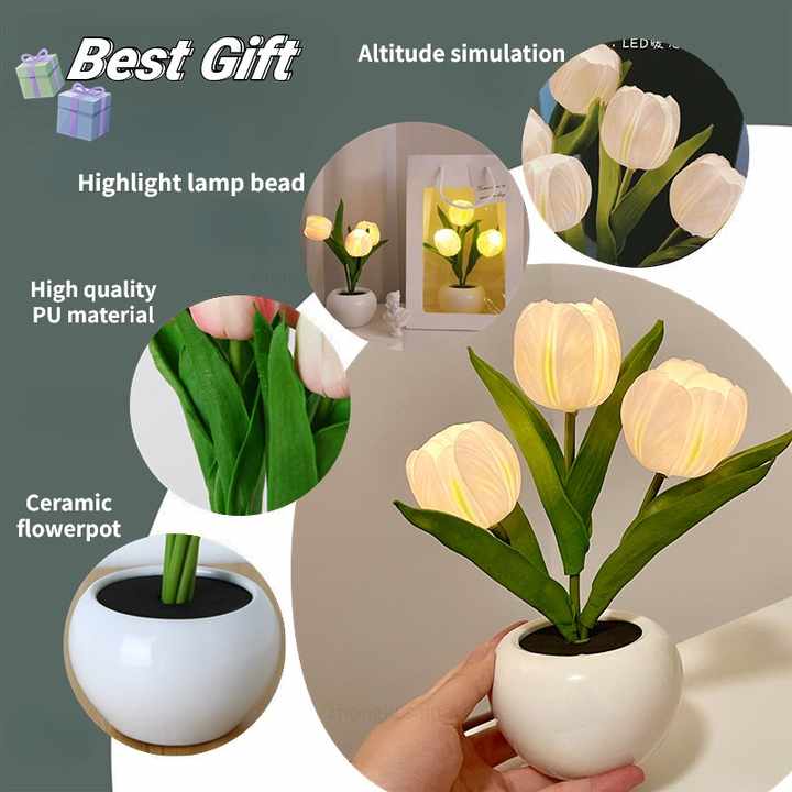 Pink Flowers USB Tulip Night Light - Bedroom Decor Table Lamp with PU Flowers & Ceramic Pot, Perfect Gift for Family & Friends