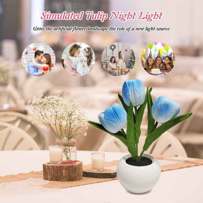 Pink Flowers USB Tulip Night Light - Bedroom Decor Table Lamp with PU Flowers & Ceramic Pot, Perfect Gift for Family & Friends